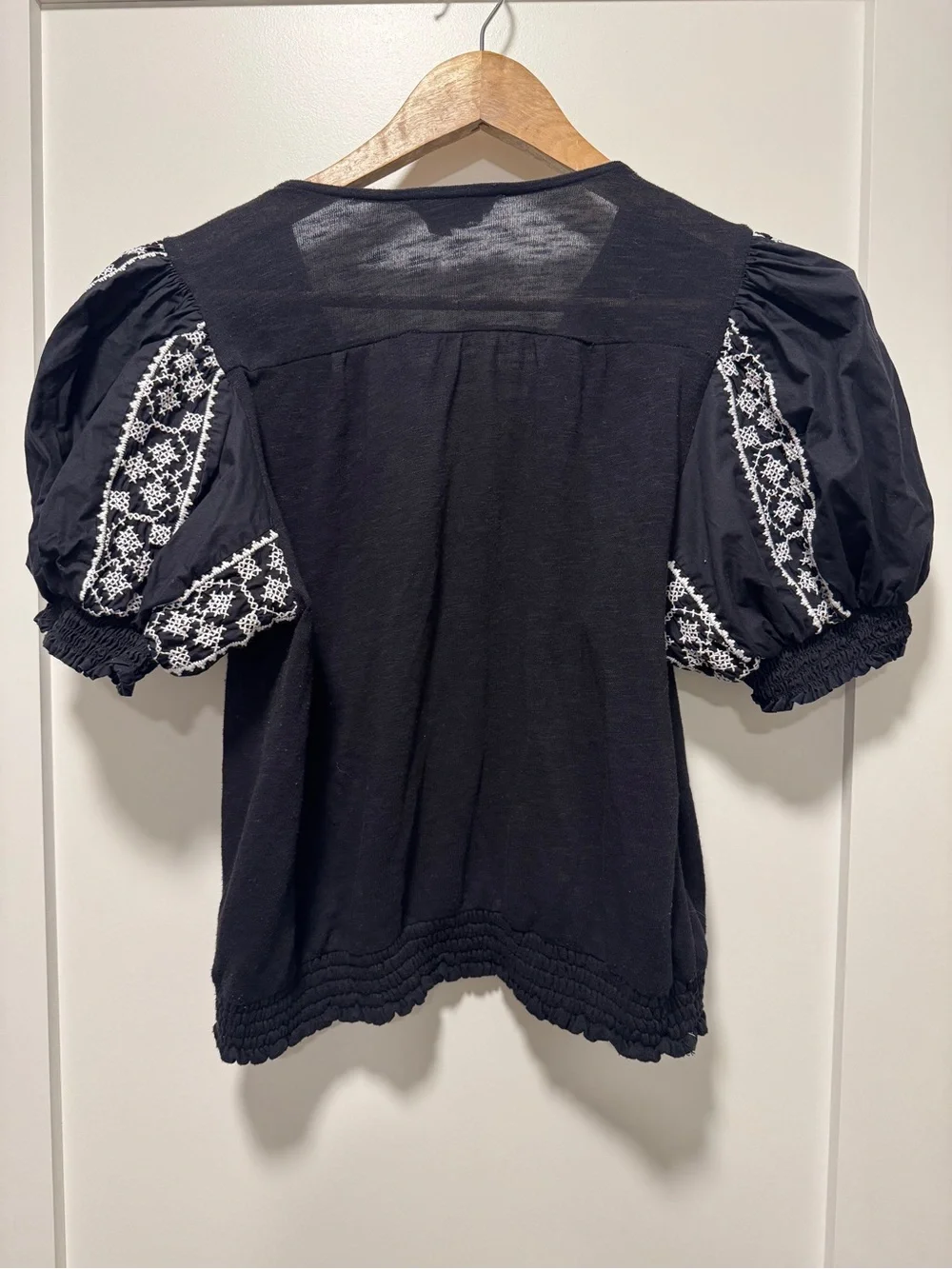 Anthropologie Black Puff-Sleeve V-neck Top with White Cross-stitch Embroidery S